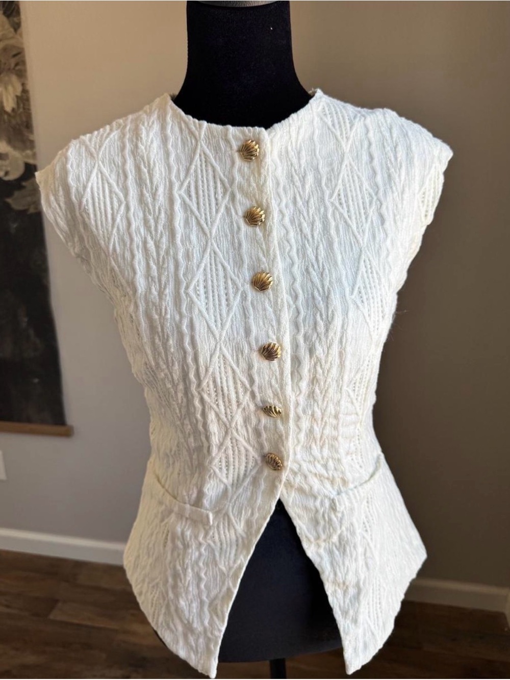 Cream Cable Knit Shell Top with Gold Buttons Vest